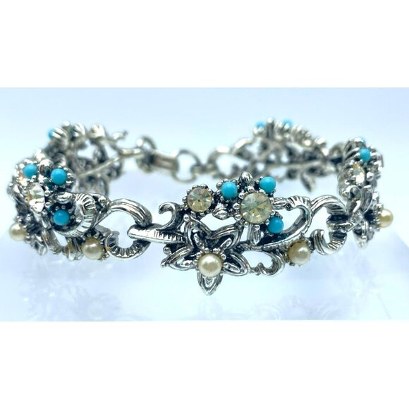 Vintage Star Jewelry Marked Bracelet Faux Pearl Turquoise Rhinestone 7 1/4" long - Picture 6 of 6